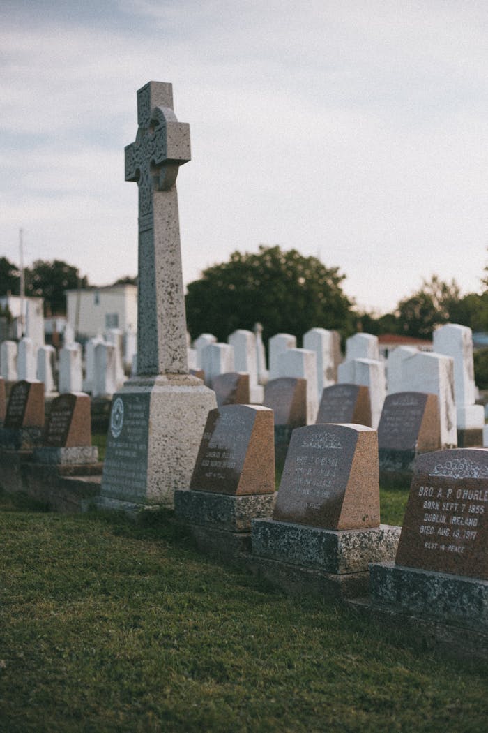 Peaceful cemetery with gravestones and a cross under a cloudy sky, evoking reflection and tranquility.